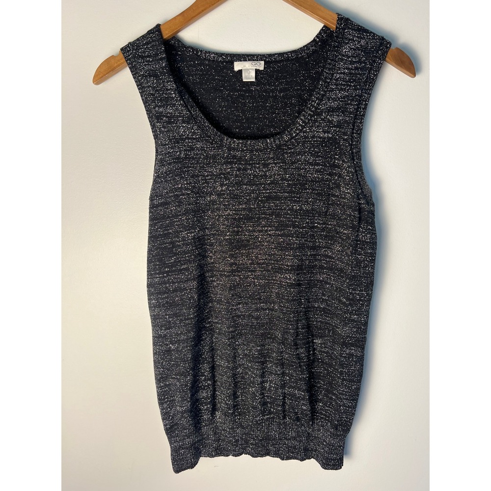 GO Knit Tank Top Wm M Black Metallic Shimmer Scoop Preppy Collegiate Academia